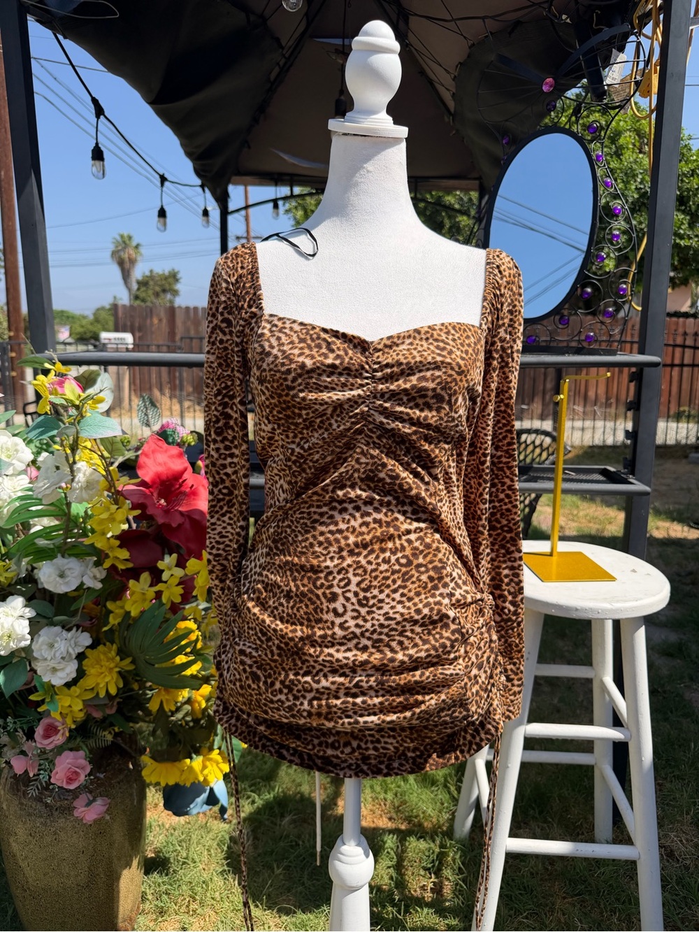Leopard Ruched Long Sleeve Mini Dress - Brown